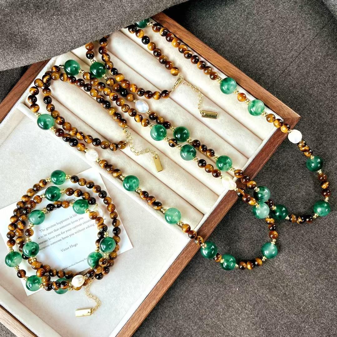 

Vintage High-Quality Maillard Style Natural Tiger S Eye Stone Quartzite Mixed And Matched Sweater Chain Necklace
