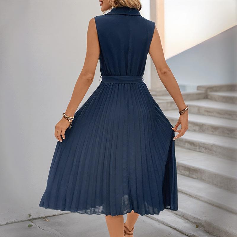 Simple Style Sleeveless Pleated V-neck Solid Color Summer Dress