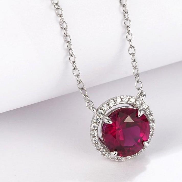 Zhou Hengfu S925 Silver Round Pendant Necklace with Pigeon Blood Red and Diamond Inlay