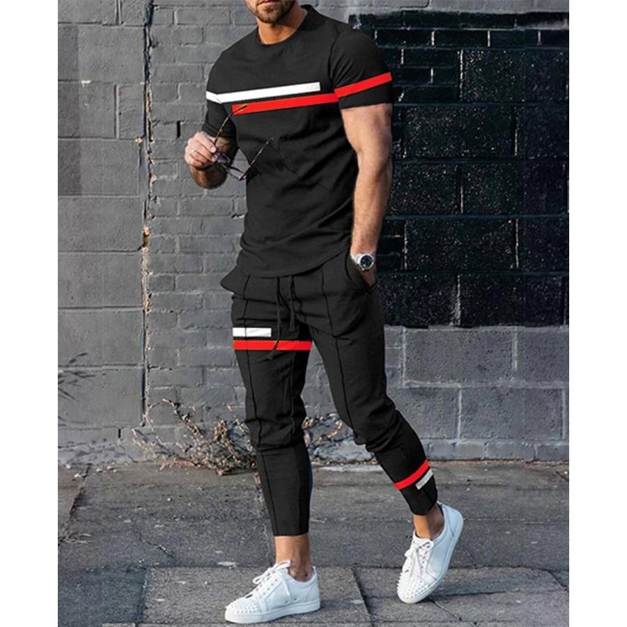 Fashion Men Trousers Tracksuit Stripe Printed Jogger Sportswear Short Sleeve T Shirt +Long Sweatpants 2 Piece Sets Men Clothes