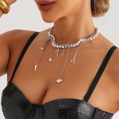 Cool Cross Star Diamond Necklace İmitasyon İnciler Düzensiz İmitasyon İnci Choker Kadın