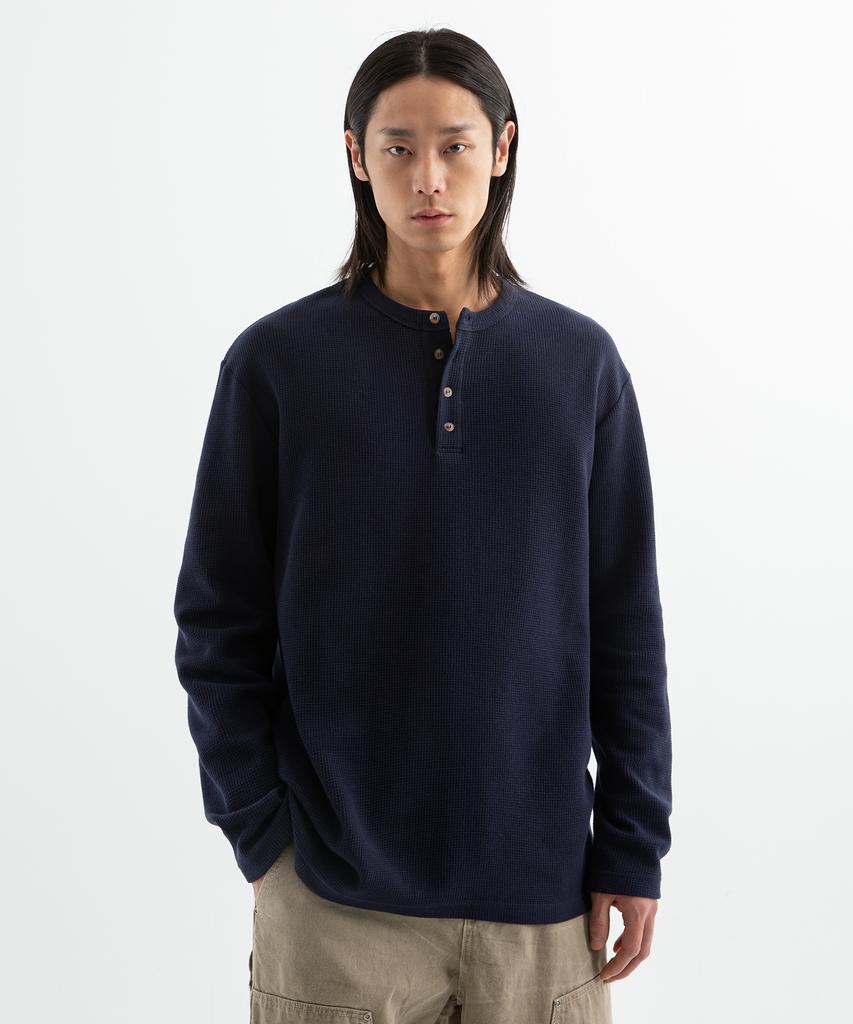 BRENSON (Waffle) Loose Fit Waffle Henley Neck Long Sleeve Tee (4 Colors)