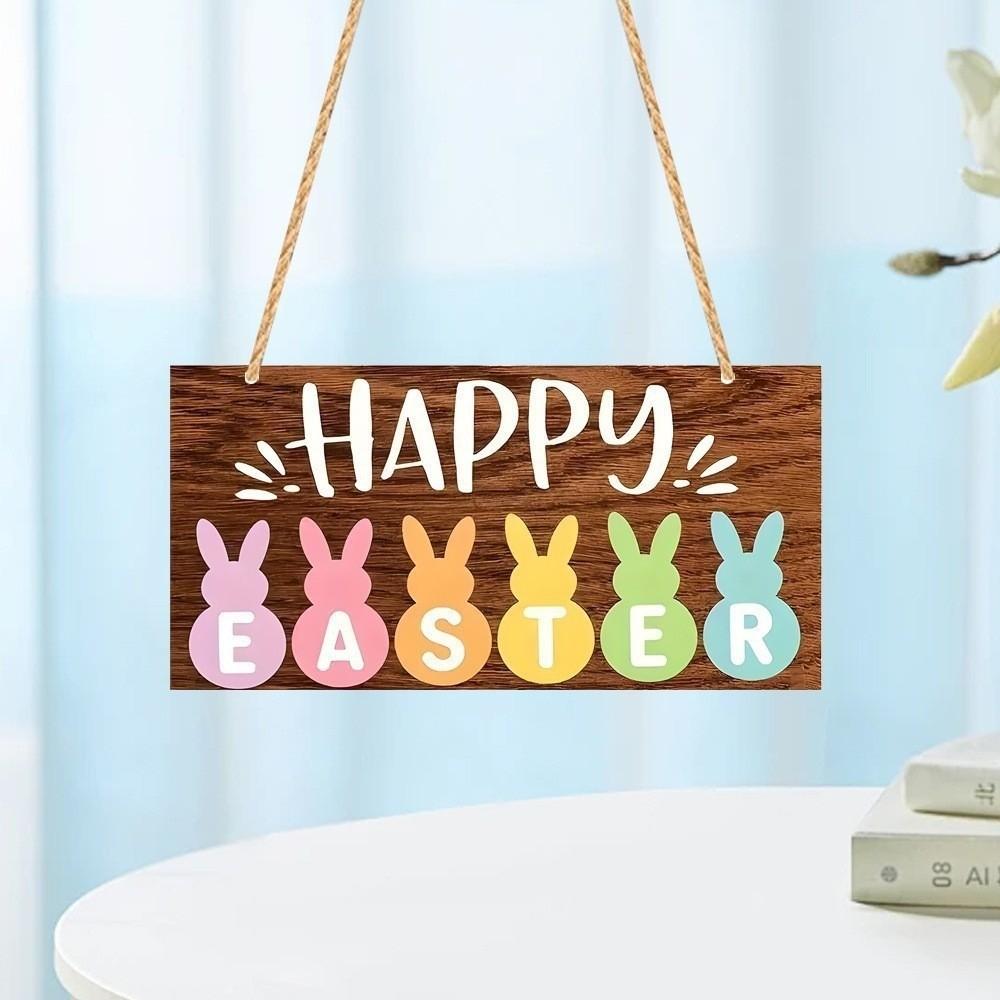 Colorful Rabbit Happy Easter Sign Flowers Pattern Cartoon Style Wall Decoration Egg Design Wooden Material Wooden Hanging Sign
