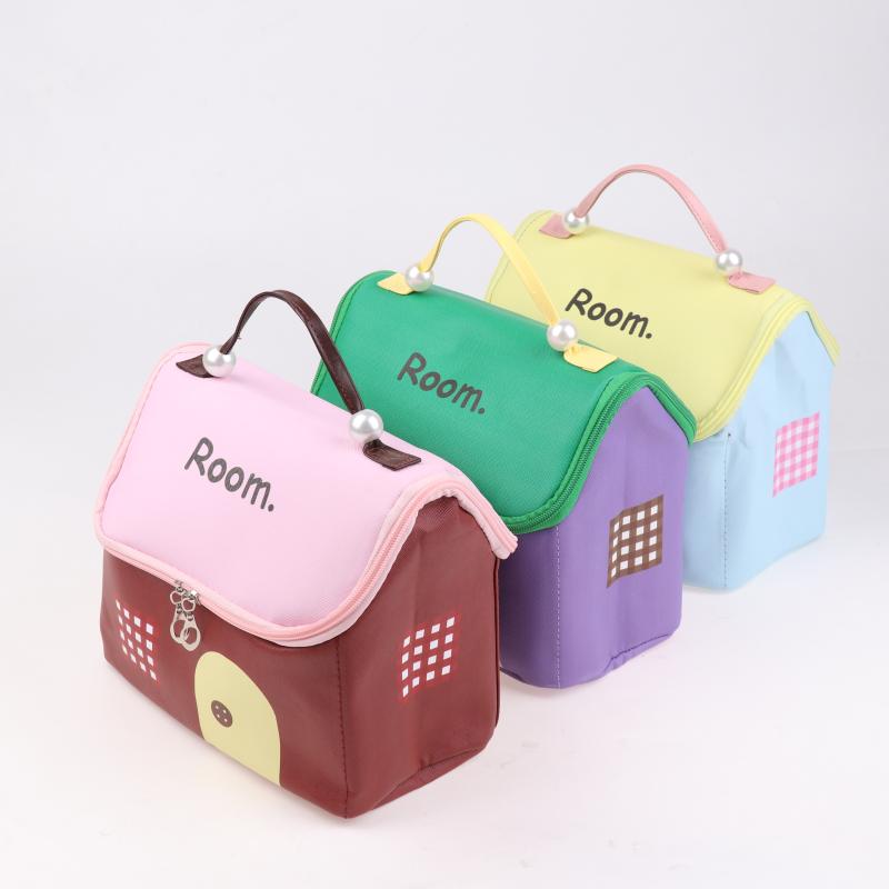 1 Pcs Dopamine Color Cute House Shape Makeup Bag Large Capacity Portable Makeup Storage Bag Cartoon Makeup Handbag