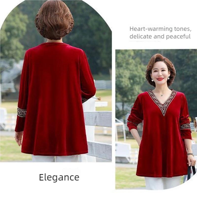 Women's Plus Size Blouse Loose V-Neck Velvet Blouse Spring Autumn Long Sleeve Velvet Pullover Top