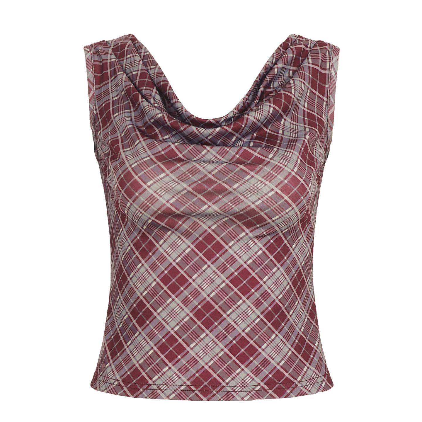 

Retro Red Plaid One-Shoulder Sleeveless Summer Vest with Open Back Large червоний
