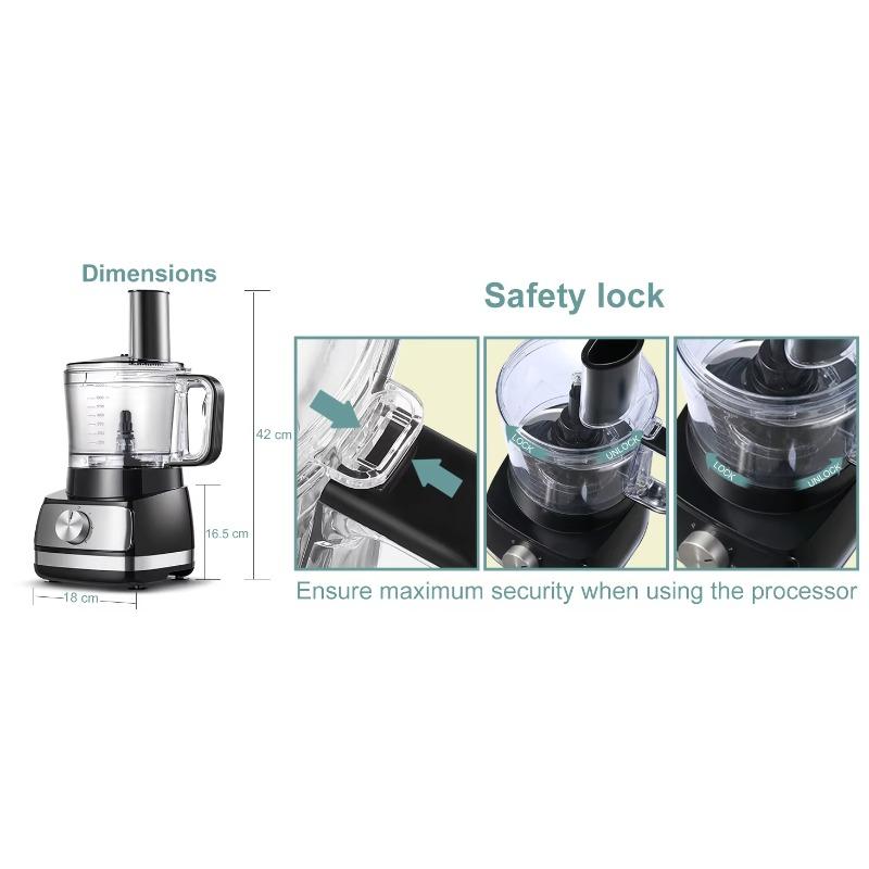 TopStrong 6-in-1 Food Processor 800W 2L Silver Multifunctional Chopper Slicer Shredder Kneader Dough Blender 3 Speeds Pulse EU