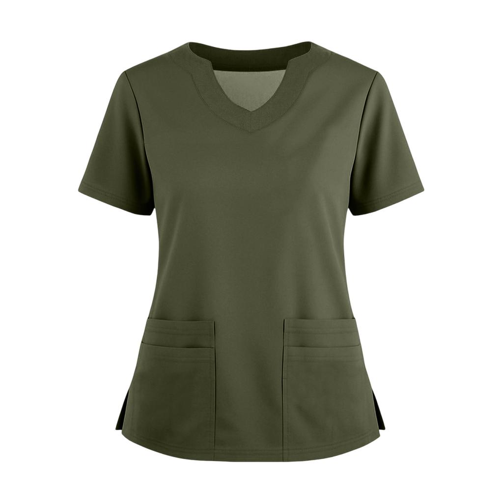 Women's Short Sleeved Solid Color V-neck Buttonable Side Slit Top T-shirt