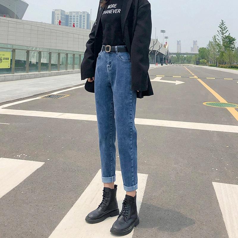 

Женские летние джинсы Daddy Harlan с высокой талией, свободные, прямые, в корейском стиле, тонкие, укороченные брюки-морковки M синий