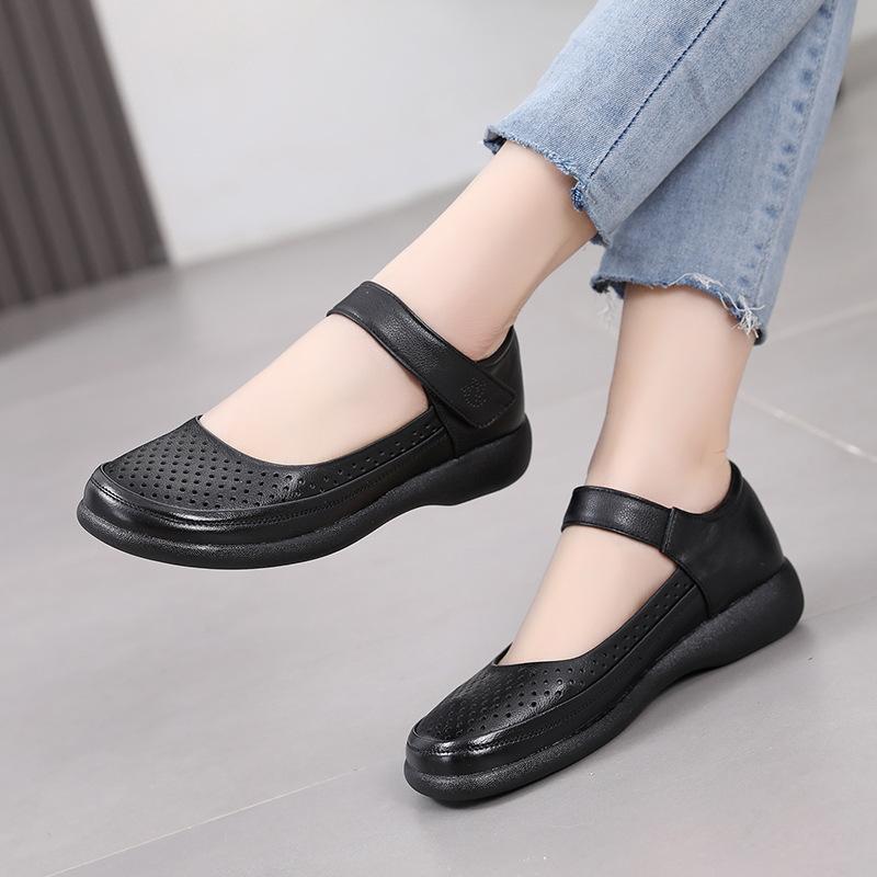 Fashion GKTINOO Genuine Leather Flats Mary Jane Women's Shoes Summer Soft Sole Hollow Mother's Shoes Anti-slip Sandals Large Size 43