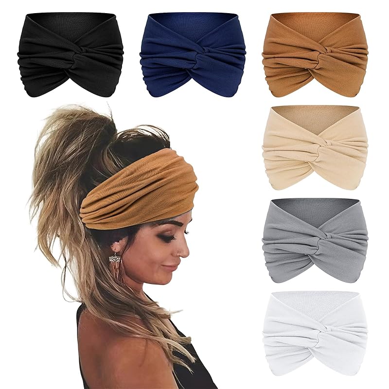 Wecoe Headbands for Women, 6pcs Fashion Knotted Headbands Wide Elastic Thick Turban Headbands for Wigs African Hair Head Wrap Sweat Headbands Workout