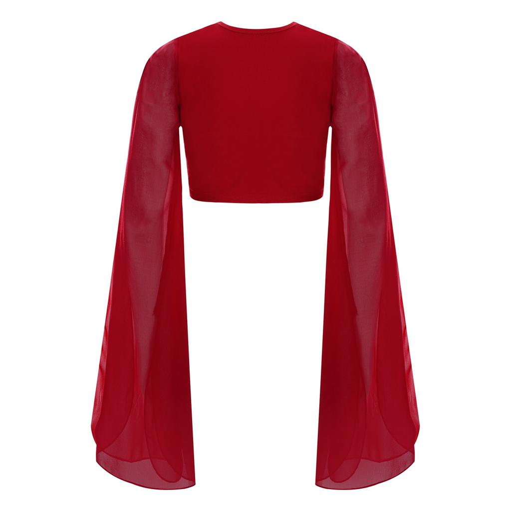 Girls Classical Dance Crop Top: V Neck Split Flared Sleeves Elegant Top for Practice Performance