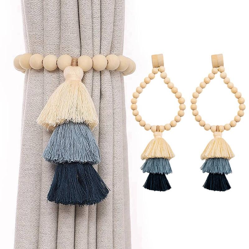 2 Pack Magnetic Curtain Tiebacks Wood Beads and Woven Rainbow Pendant Elegant Decorative Tie Backs for Drapes Window Curtains