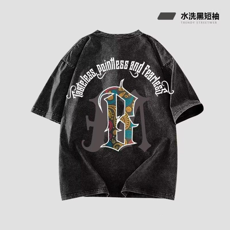 

Молодежная футболка с принтом и короткими рукавами для мужчин 2025 Новый стиль Студенческий стиль Летний мужской спортивный топ с рукавами до локтя 5XL серый