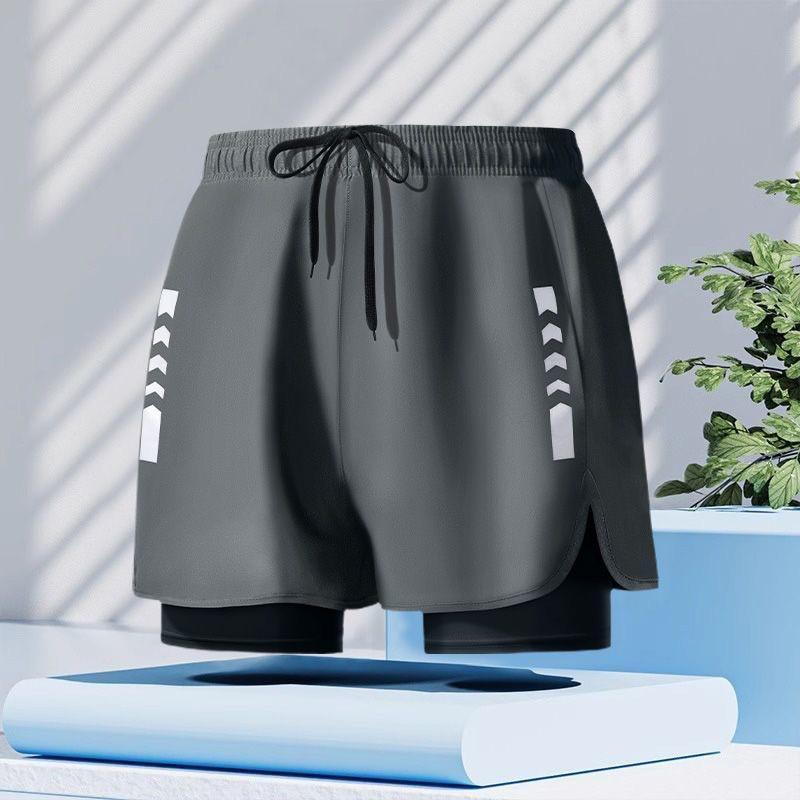 Mens Double-Layered Board Shorts Swim Trunks Quick-Dry Anti-Chafe Flat Front Beach Pool Surfing