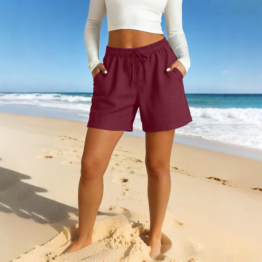 Damen Bermudashorts Mit Taschen Kordelzug Elastischer Bund Leinen-Shorts Lässige Strandurlaub Sommerkleidung