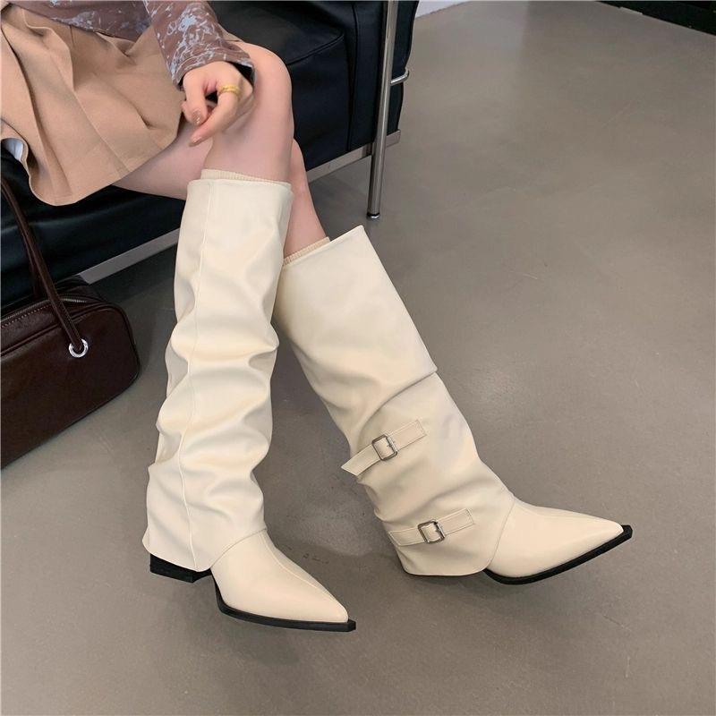 Soft Leather Pointed Pants Boots Pleated Pile Boots Thick Heel Punk Knight Boots Fried Street Spice Girls High Heel Boots