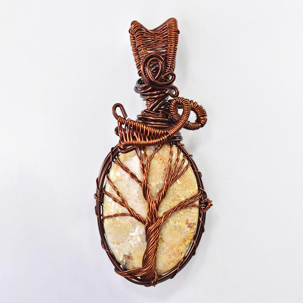 

Certified Natural Fossil Coral Copper Wire Wrapped 108 Ct Oval Shape Pendant 87.8 mm approx. жовтий