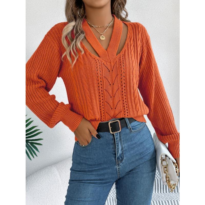 Autumn Winter Casual Hollow Out V-neck Twist Pullover Sweater Long Sleeve Casual Fashion Elegant Casual Tops Ladies Office Streetwear Simple Clothing
