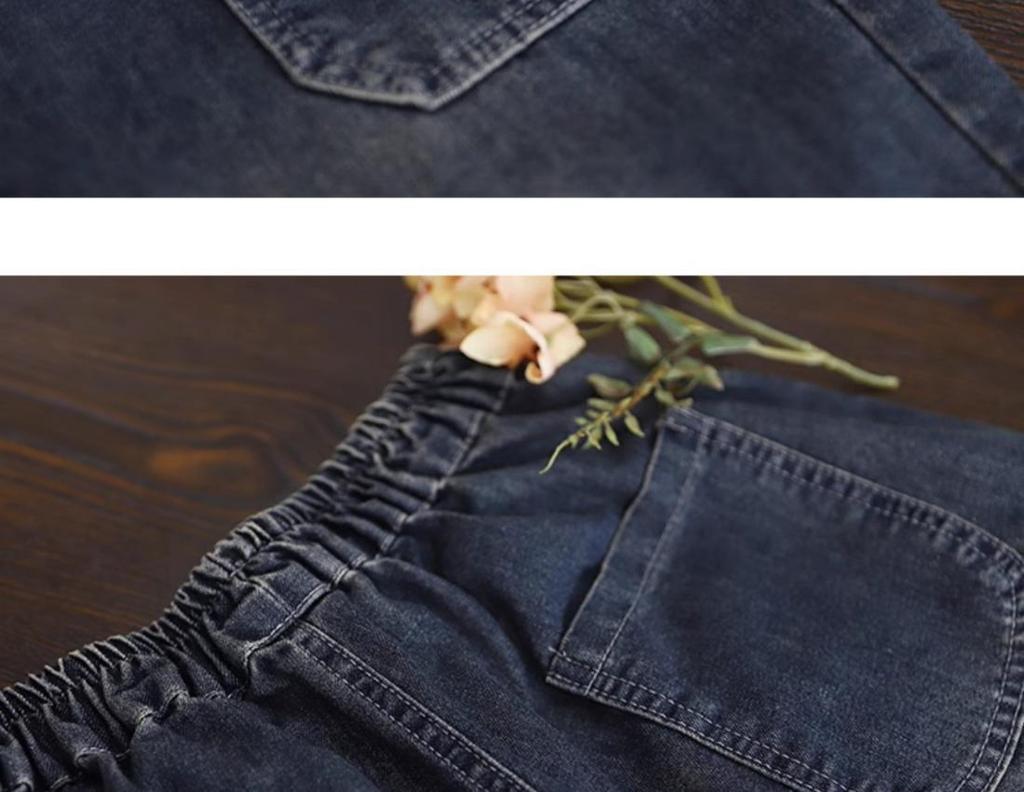 Women's Fashionable Six-Point Denim Capris: New Petite Summer Style, Elasticated Cuffs, Patch Details, Washed & Distressed Harem Pants.