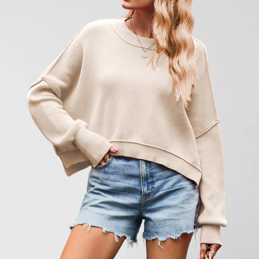Women's Solid Striped Fashion Round Neck Knitwear Loose Pullover Sweater