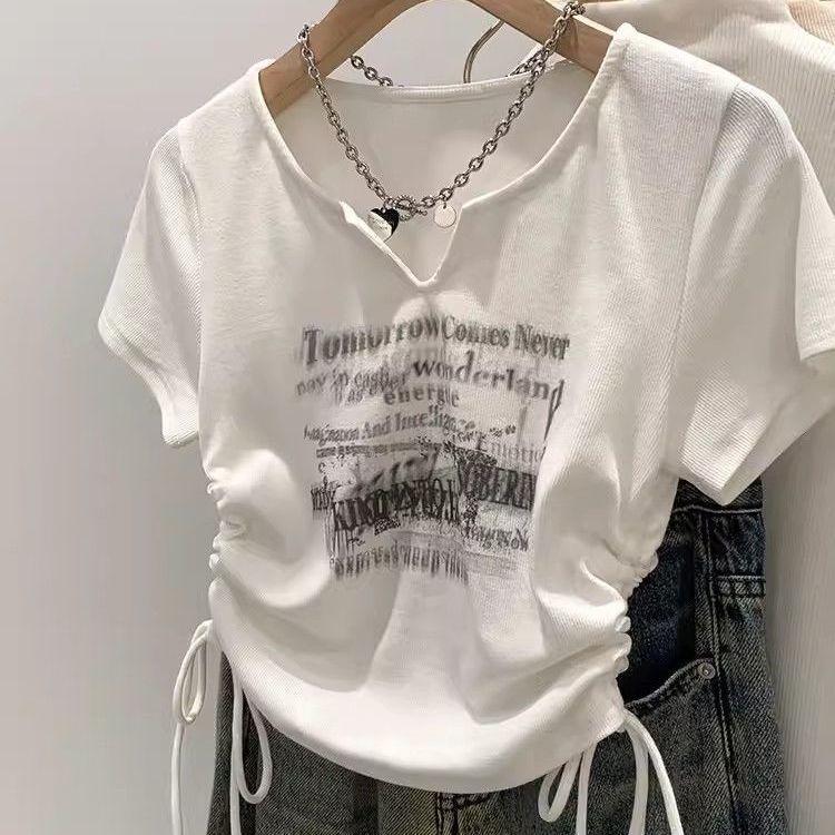 Vintage Letter Print Notched V Neck Short Sleeve Tee Double Side Drawstring Ruched Slim Fit Y2K Summer Top