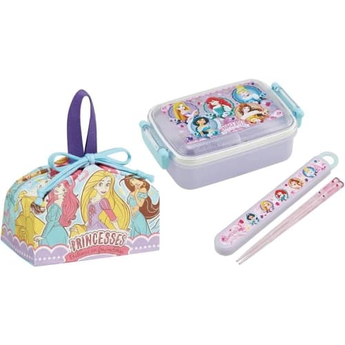 Skater Princess 24 Antibacterial Dishwasher Safe Soft Lid Tight Lunch Box, Square Shape, 450ml, Chopsticks and Chopstick Case Set, Lunch Pouch, Ariel,