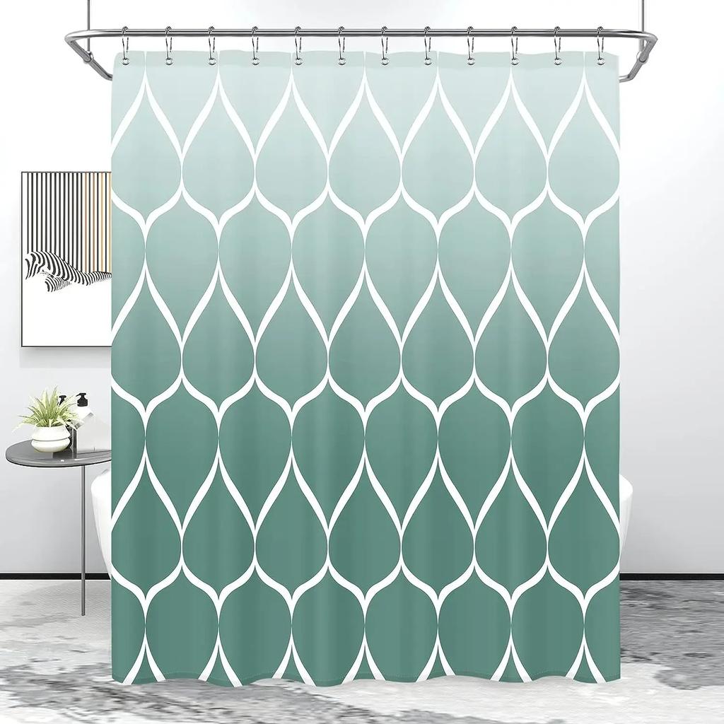 Fabric Geometric Shower Curtain, Mid-Century Modern Geometric  Herringbone Chevron Blue Black Gray Square Bathroom Decoration