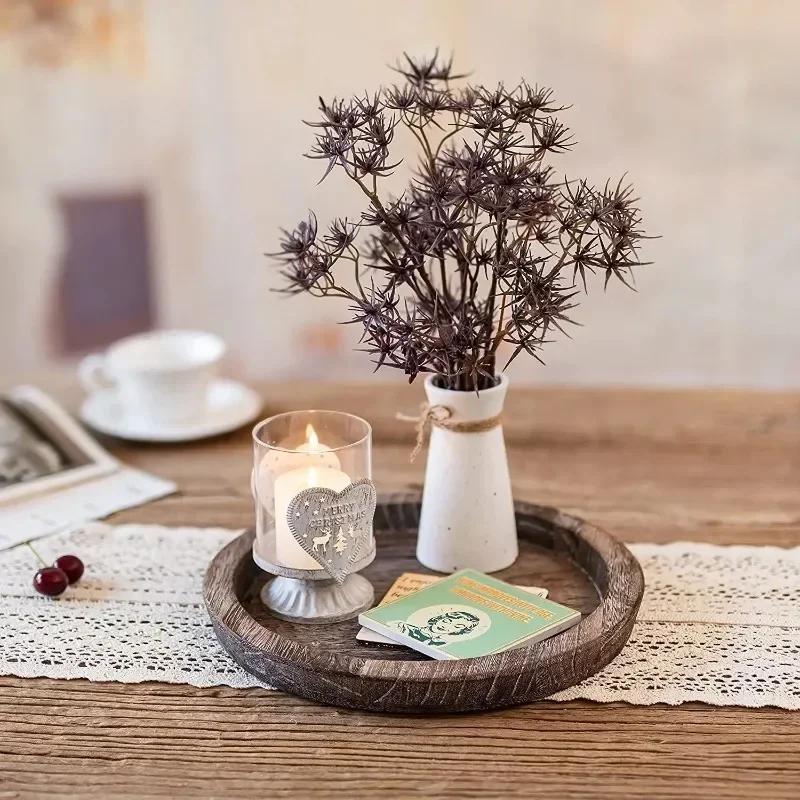Retro Wooden Storage Tray Beveled Edge Tray Round Candlestick Wooden Tray Fruit Bread Snack Dinner plate Home Table Decoration