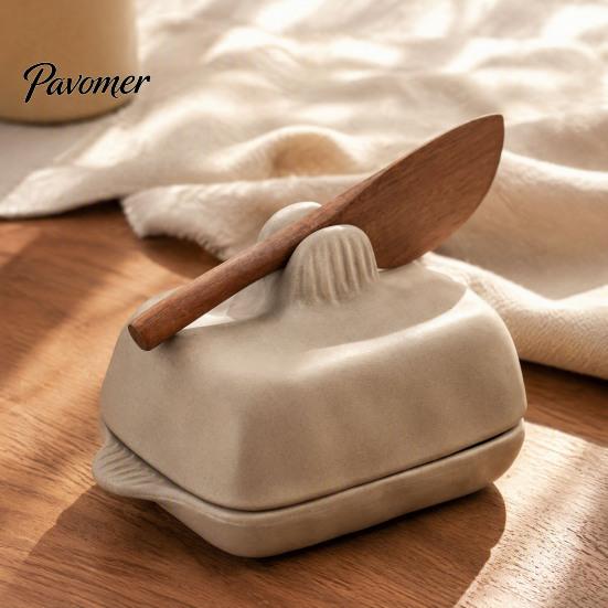 Minimalist Kitchen Decor Ceramic Butter Dish with Lid And Wooden Knife, Countertop Stoneware Container Tray, Keeper for Fridge Storage & Table Serving