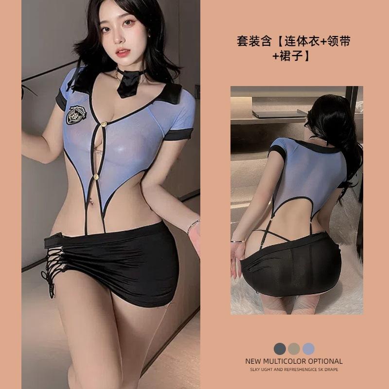 Female police officer lingerie uniform cos One-piece suit with hollow-out straps, secretary-style bodycon skirt, hot and see-through V Collar