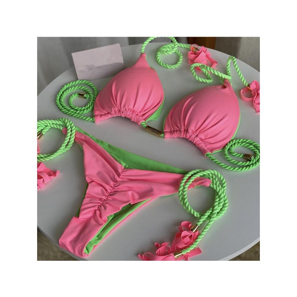 Costum de baie european și american geantă triunghiulară sexy pentru femeie Split Culoare uni Bikini sexy cu frânghie împletită multicoloră