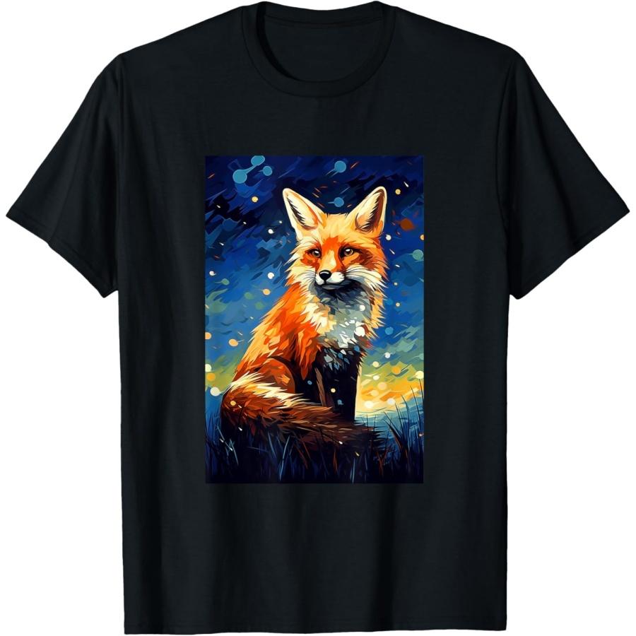 Cute Fox - Van Gogh Style - Starry Night T-Shirt S