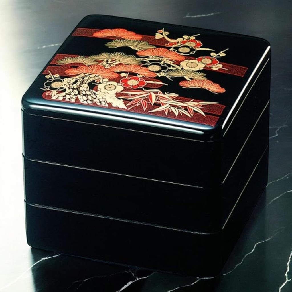 Lacquerware Jubako Black and Plum Made in Japan J-kitchens 3-Tiered Box, 6-inch, Pine, Bamboo, Design, 18cm, Resin,