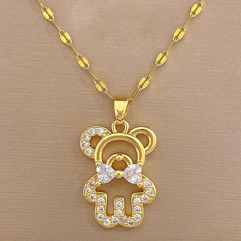 Light Luxury Temperament Gorgeous Full Diamond Bow Tie Bear Necklace Women S Versatile Collarbone Chain Titanium Steel Chain