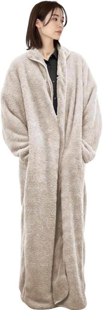 TRADE ONE Fluffy Wearable Blanket, Loungewear, Outerwear, Cold Weather Gear, One Size Fits All, Unisex, Pockets, Front Opening, Beige, 80007