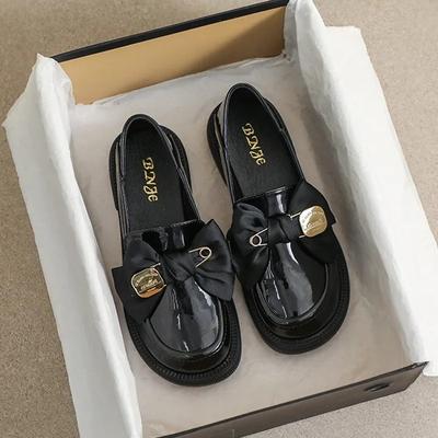Spring Women's Black PU Leather Shoes Ladies Casual Loafers British Style Bow Design Mid Heels Work and Walk Wear