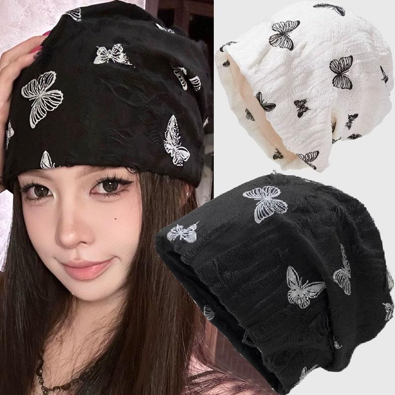 Autumn Winter Warm Bonnet Girls Elastic Skull Caps Korean Baggy Beanie Hats Hip Hop Streetwear Butterfly Pullover Hat