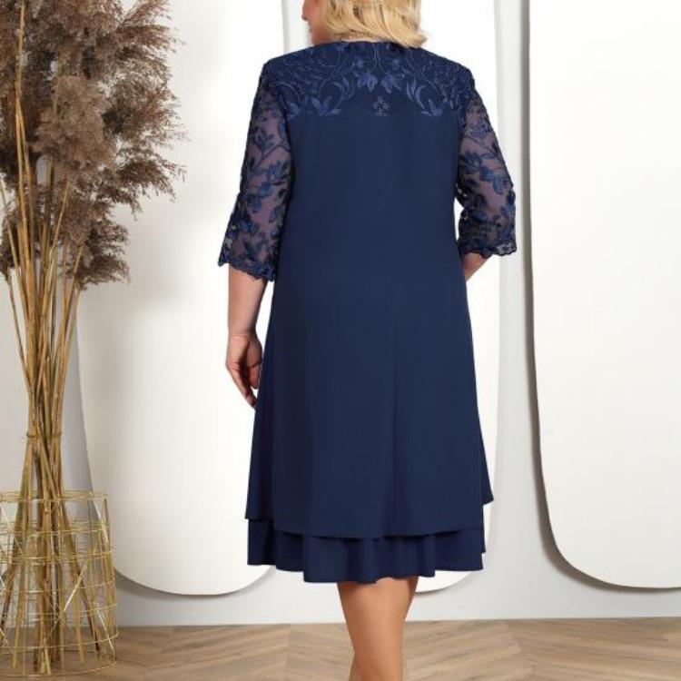 Elegante Abito da Festa da Ballo Taglie Forti Donna Lento Midi Rete Trasparente Patchwork Applicazione Foglia Mezza Manica Girocollo Abito Primavera Autunno