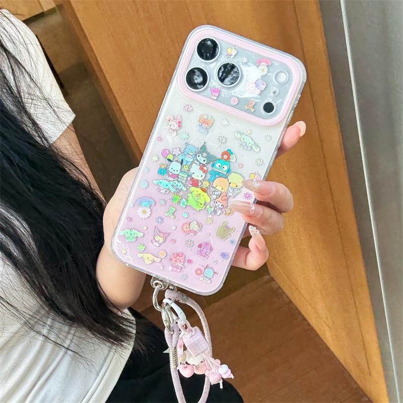 Matching Hello Kitty Charm Wrist Strap Print Phone Case For iPhone 15 16 17 Pro Max INS Cute Sweet Style Large Window Shockproof