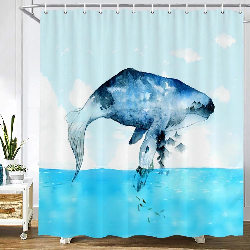 Dolphin Shower Curtain, Blue Underwater World Marine Life , Polyester Fabric Kids Ocean Theme Bathroom Decor Set with 12 Hooks