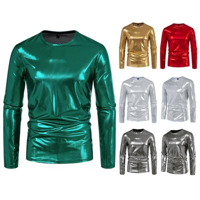 Ανδρικό Μονόχρωμο Ελαφρύ Μακρυμάνικο T-shirt με Γυαλιστερή Επιφάνεια, Φόρεμα για Πάρτι Χορού, Εξατομικευμένο Στυλ Ντυσίματος, Ανδρικό Τοπ