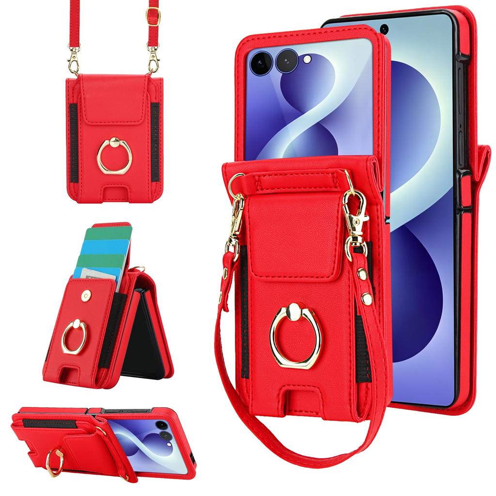 Borsa a tracolla con cordino lungo, porta carte, portafoglio, anello, custodia in pelle per Samsung Z Flip 8 7 6 5 4 3, antiurto, con supporto, cover sottile