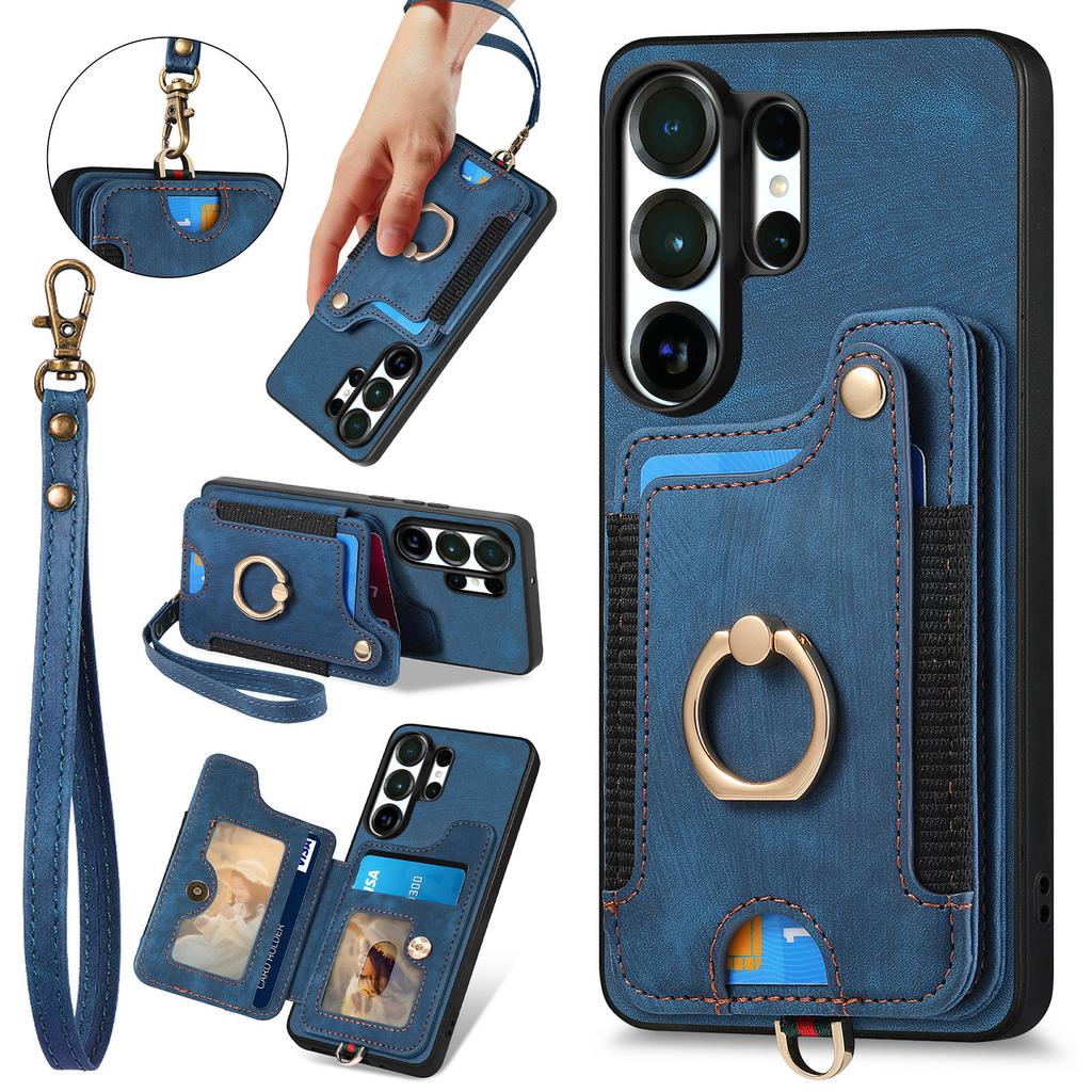 Ring Holder Cards Solt Leather Wallet Case For Samsung S25 Ultra S24 Plus S23 A16 A17 A07 Magnetic Kickstand Pocket Strap Cover
