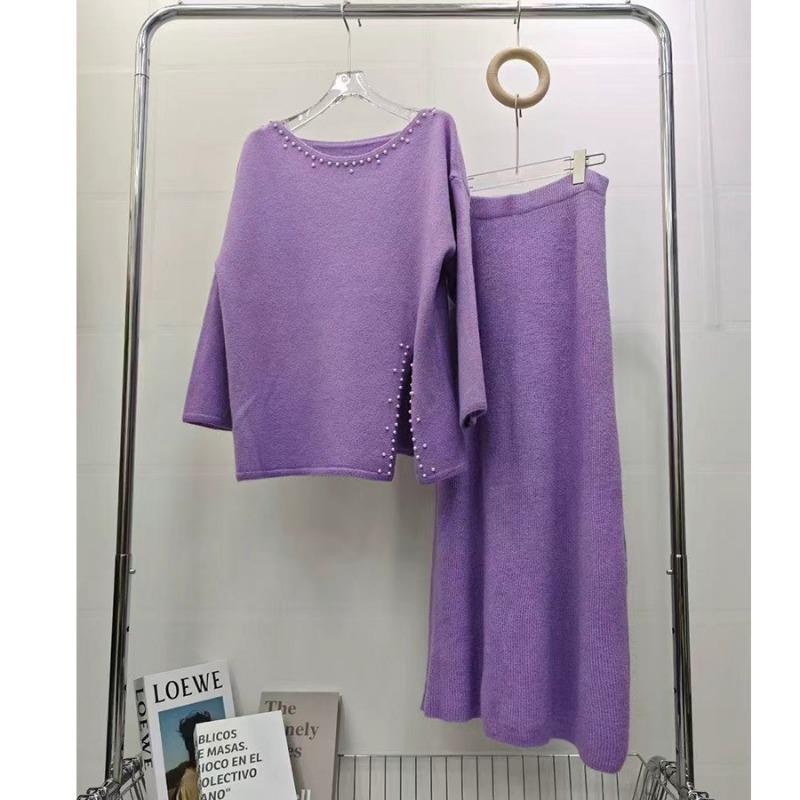 

Свитер с круглым вырезом и бисерным декором, юбка-двойка, осенне-зимний свободный вязаный комплект: юбка + вязаный свитер с разрезом. One size