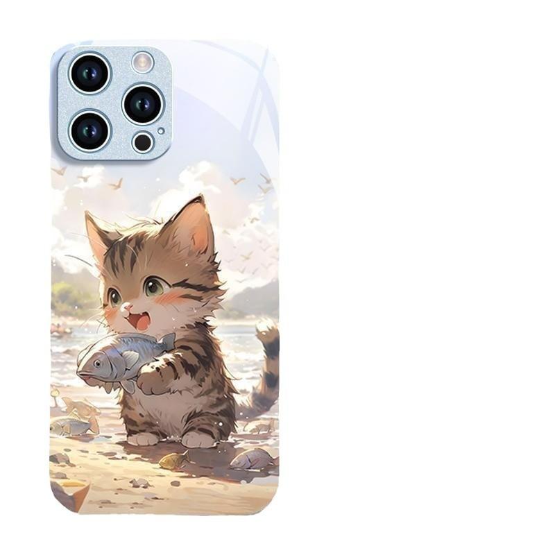 Catching Fish Kitten Is Suitable for Apple 15pro Mobile Phone Case Iphone14 New 16promax Glass 12 All-inclusive 13