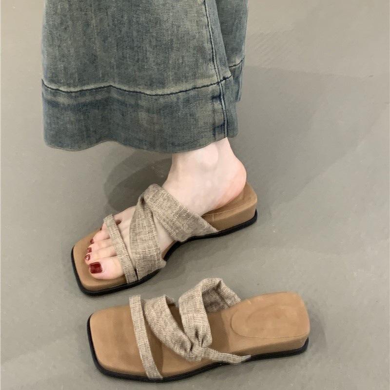 Platform Open-toed Sandals Women's 2025 Summer Korean Version Retro Linen Bohemian Vacation Beach Slippers