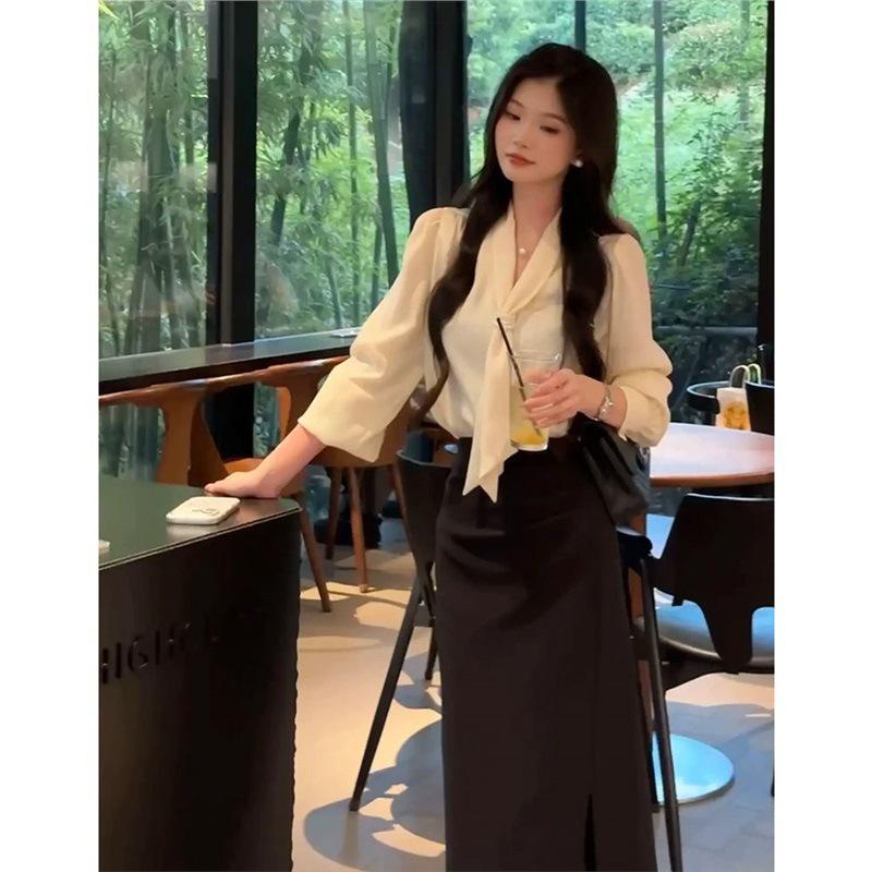 Chic Combo: Stylish Solid Long-Sleeve Shirt + High-Waisted A-Line Skirt Set