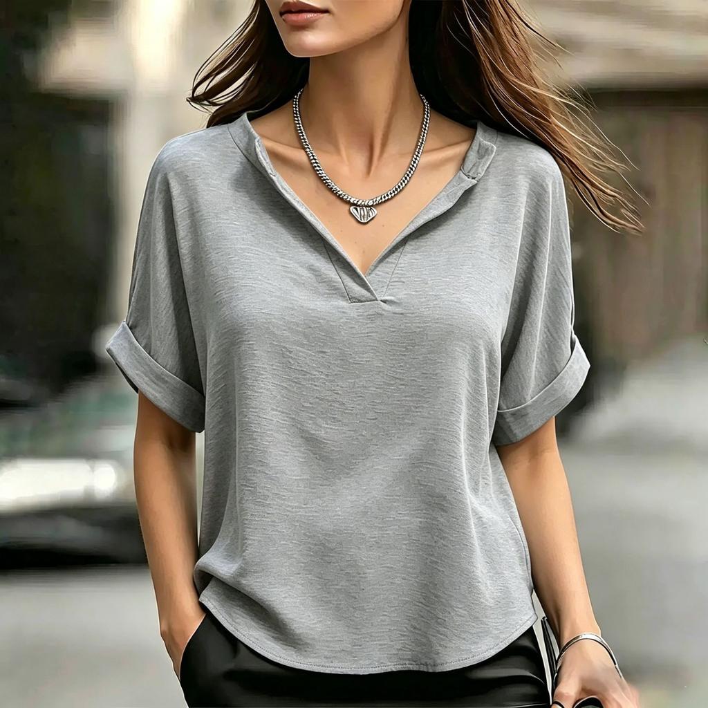 Women V Neck Short Sleeve Loose Fit T Shirt Casual Basic Lightweight Blouse with Rolled Cuffs for Daily Wear Work Travel