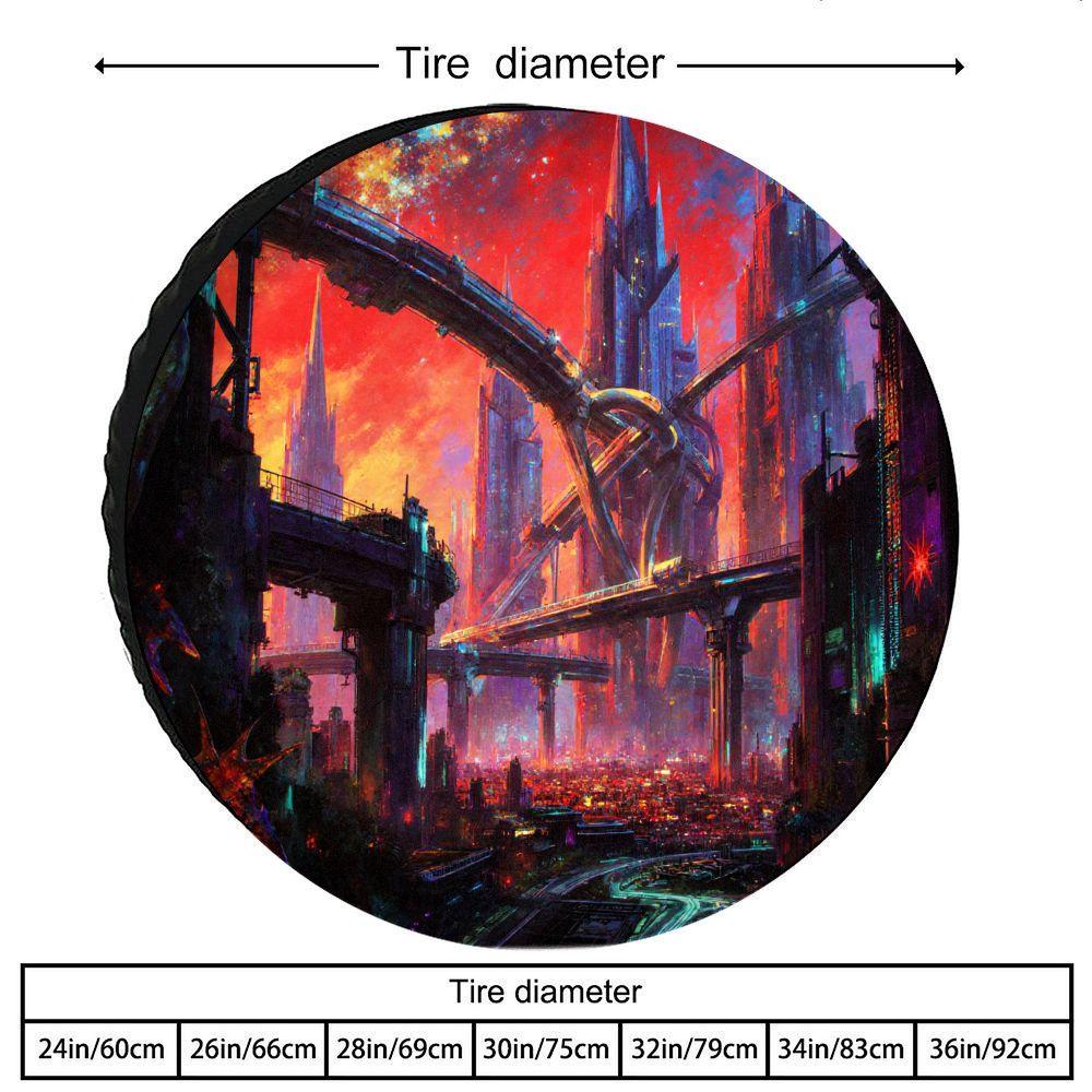 Cyberpunk Cityscape Print Polyester Car Spare Tire Cover | Universal Fit, Dust-Proof Protection